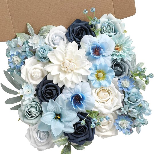 Citrus; Blue Artificial Flowers Box Set for DIY Wedding Bouquets, Silk & Foam Faux Floral Arrangement Kit with Greenery for Bridal Shower, Party Table Centerpieces & Home Decor; Category:Bundles & Bouquets; Image:1
